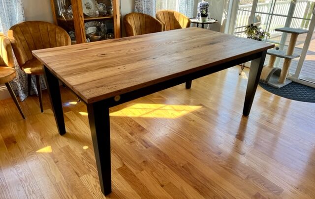 reclaimed oak dining table w/ black tapered legs